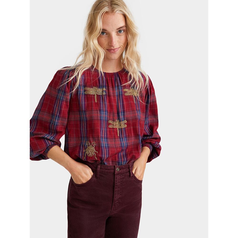 Desigual Dora Maar Embroidered Plaid Blouse L NWT Gold Dragonfly Puff Sleeve